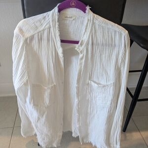 Bella Dahl White Textured Cotton Gauze Button-Down Shirt, Size L